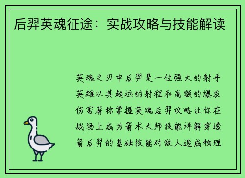 后羿英魂征途：实战攻略与技能解读